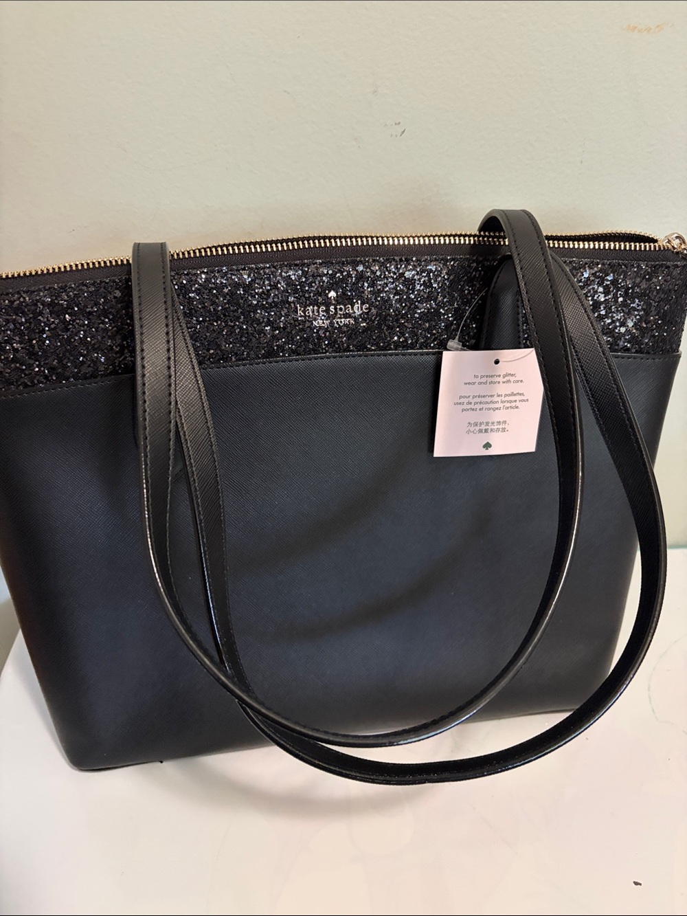 kate spade Black Glitter-Trim Saffiano Tote